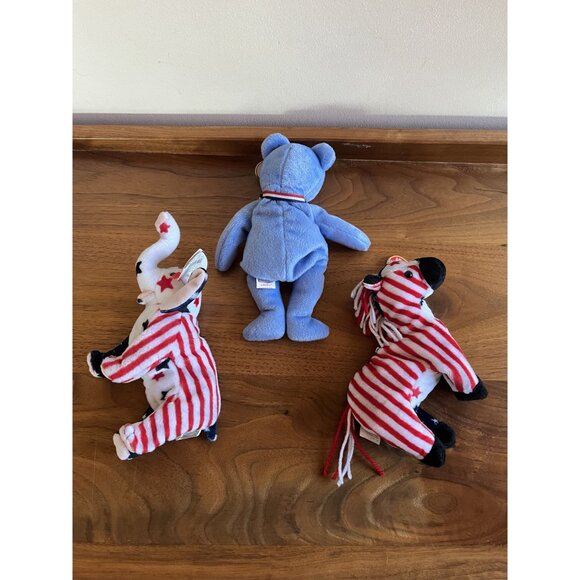 Ty Beanie Babies Lot Of 3: 2000 America Bear Stars & Stripes Elephant Donkey USA - Picture 4 of 7